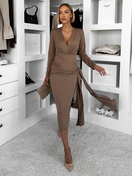 Hnědé dlouhé elegantní šaty AUTIS se zavazováním