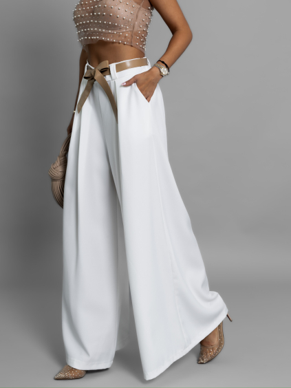 Bílé elegantní wide leg široké kalhoty LARITIS s páskem