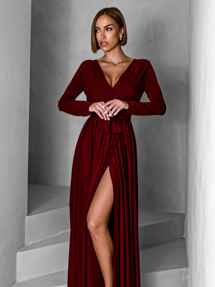 Vínové dlouhé společenské šaty JOELLIAN s dlouhým rukávem