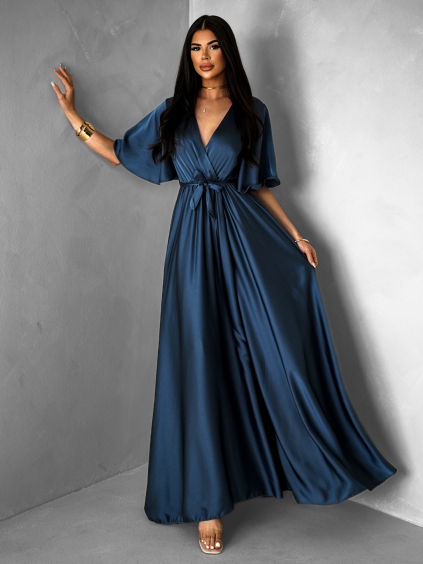 Petrolejové dlouhé saténové šaty GO HOME
