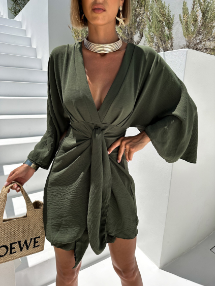 Khaki boho šaty BANKIE na zavazování