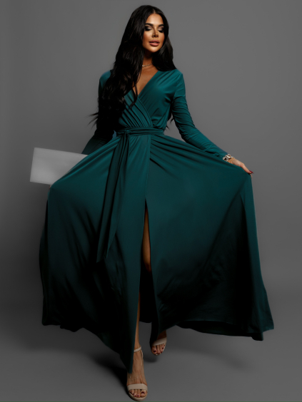 Petrolejové dlouhé šaty JOELLIAN s dlouhým rukávem