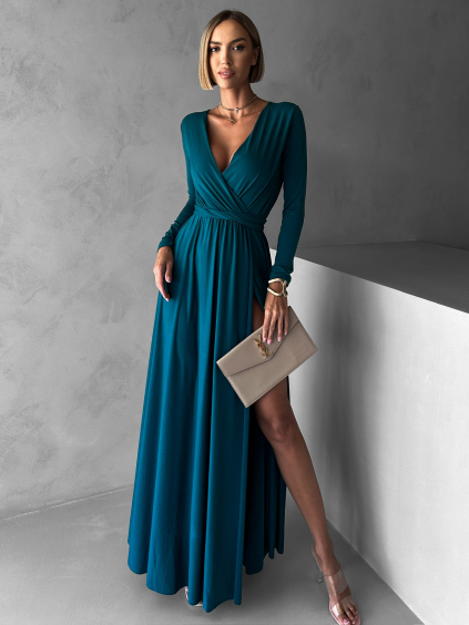 Petrolejové dlouhé šaty JOELLIAN s dlouhým rukávem