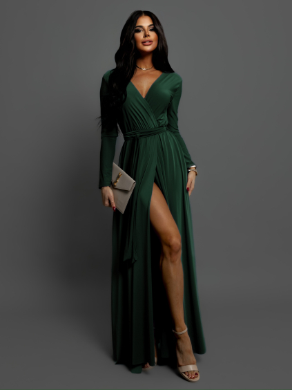 Smaragdové dlouhé večerní šaty JOELLIAN s dlouhým rukávem