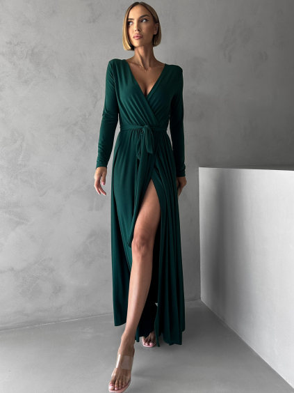 Smaragdové dlouhé večerní šaty JOELLIAN s dlouhým rukávem