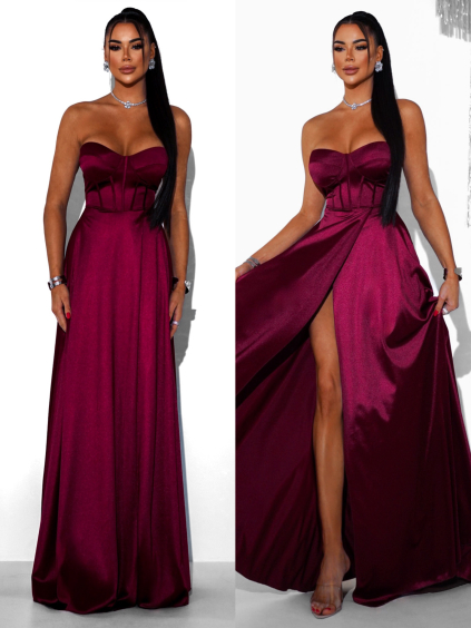 Bordó saténové dlouhé šaty GYBRAL s korzetem