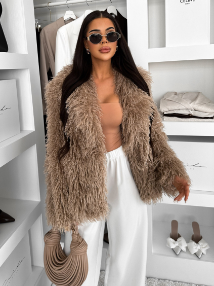 Hnědý faux fur kožešinový krátký kabátek HIENO