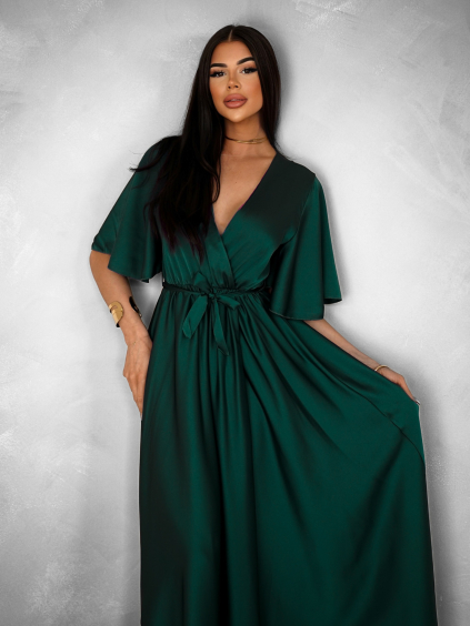 Smaragdové saténové dlouhé šaty GO HOME s výstřihem