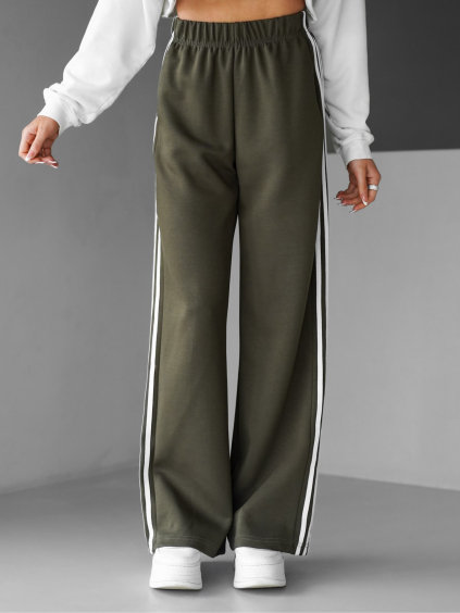 Khaki široké stylové tepláky EDALLA s pruhy