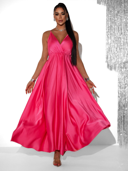 Růžové dlouhé saténové šaty PERFECTLY s výstřihem
