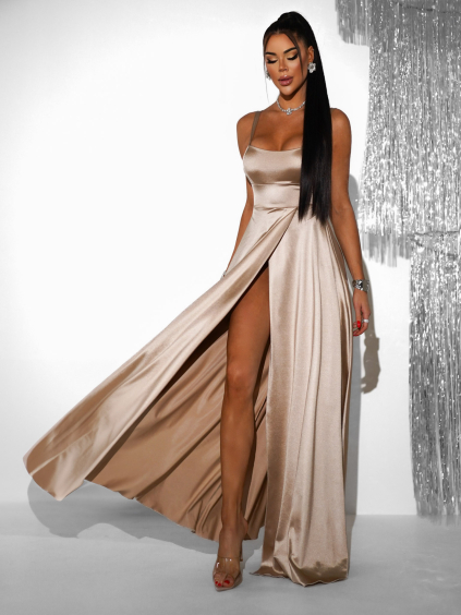 Zlaté dlouhé saténové šaty HELSIN s rozparkem