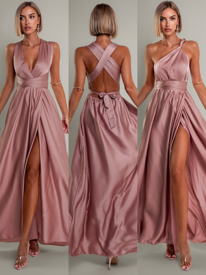 Starorůžové lesklé šaty VALERDI s variabilním vázáním a rozparkem