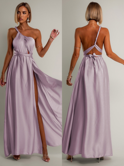 Levandulové saténové šaty VALERDI s variabilním vázáním a rozparkem