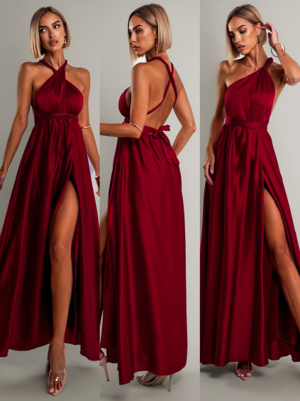 Bordó saténové šaty VALERDI s variabilním vázáním a rozparkem
