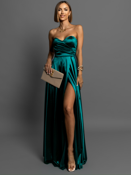 Smaragdové saténové společenské šaty SYCHAEUS bez ramínek