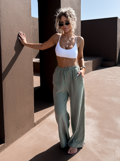 Khaki široké mušelínové kalhoty KONOVE