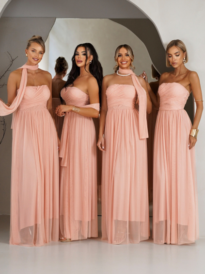 Růžové tylové šaty BOLEMIR pro družičky s vlečkou