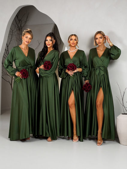 Khaki saténové šaty WOMAN pro družičky s dlouhým rukávem