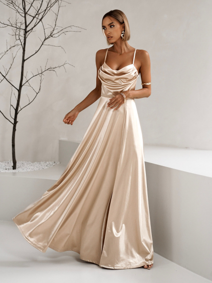 Zlaté saténové dlouhé společenské šaty LUNOREX