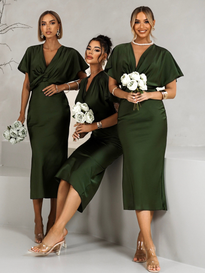 Khaki saténové midi šaty MIRIAM s krátkým rukávem pro družičky