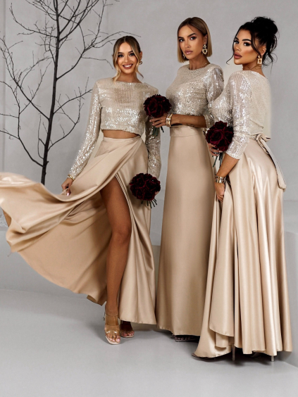 Krémová zavinovací dlouhá saténová sukně DENISSE pro družičky