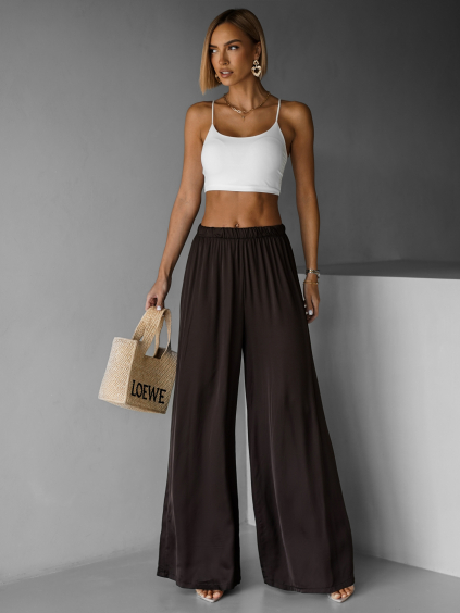 Tmavě hnědé saténové široké kalhoty SITAKE
