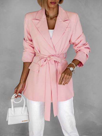 Růžové stylové zavazovací sako ZENARA s páskem