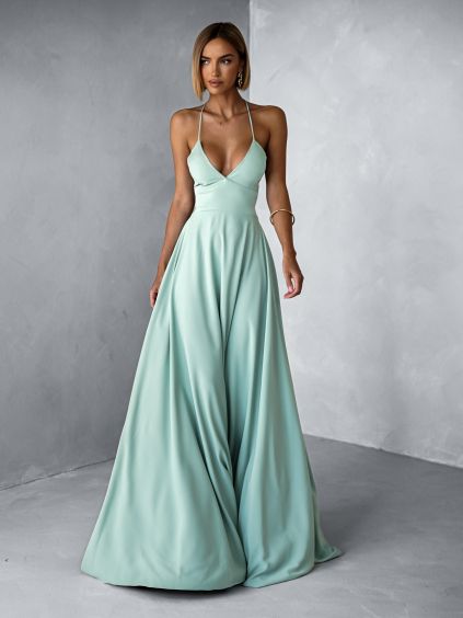 Zelenkavé dlouhé splývavé šaty DAMIANO s výstřihem