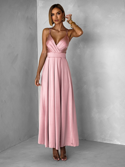 Starorůžové saténové šaty SAURANA s rozparkem