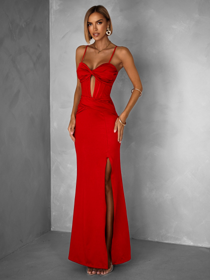 Červené dlouhé společenské šaty LIMONA s průstřihy