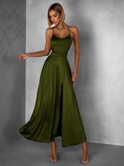 Khaki saténové midi šaty SIMUEL se šněrováním