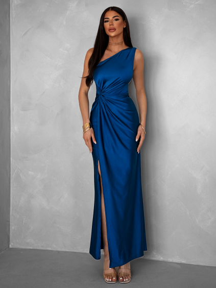 Petrolejové saténové šaty FIAMMAR na jedno rameno