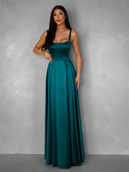 Smaragdové dlouhé saténové šaty HELSIN na ramínka