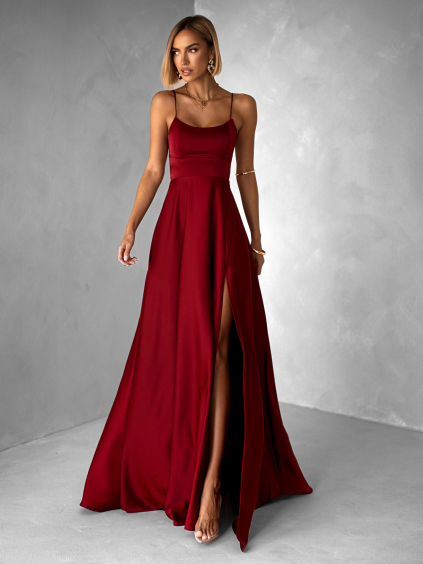 Bordó dlouhé plesové šaty CELLINES se šněrováním a rozparkem