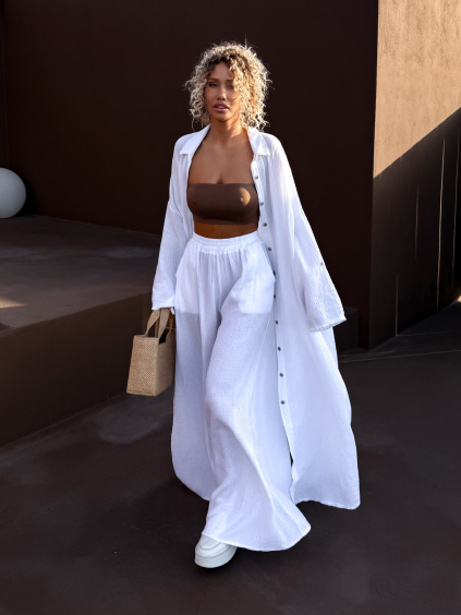 Bílé dlouhé maxi mušelínové košilové šaty EVANES