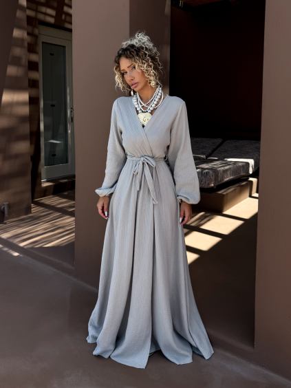 Béžové mušelínové dlouhé šaty VERIENA s výstřihem