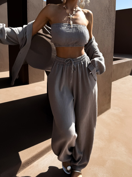 Šedohnědé široké mušelínové kalhoty PIREUSA