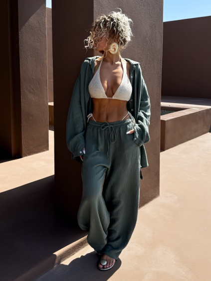 Khaki široké mušelínové kalhoty PIREUSA