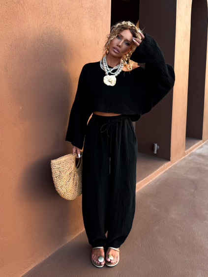 Černé široké mušelínové kalhoty PIREUSA