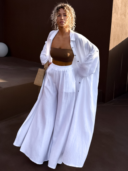 Bílé mušelínové extra široké kalhoty JAKAS