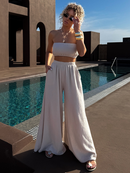 Béžové mušelínové extra široké kalhoty JAKAS