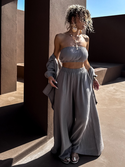 Šedohnědé mušelínové extra široké kalhoty JAKAS