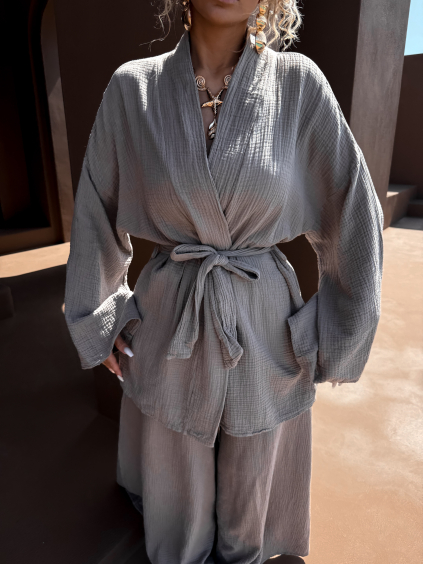 Šedohnědý mušelínový zavazovací cardigan CHANIA