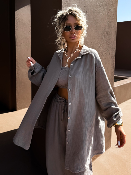 Šedohnědá mušelínová oversize košile MEKATHY