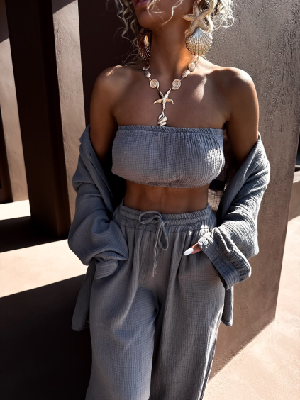 Šedohnědý mušelínový top BALEEN pás přes prsa