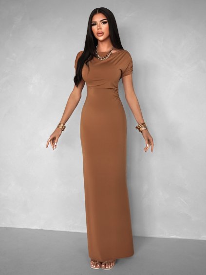 Světle hnědé elastické šaty TIELAS s řasením