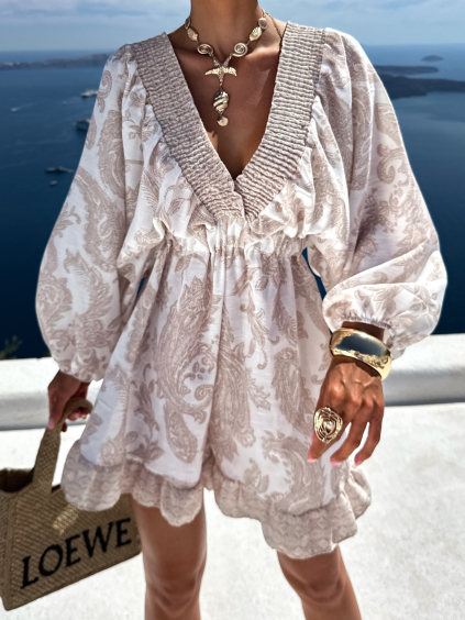 Béžový krátký letní overal ORIELLE s výstřihem do V