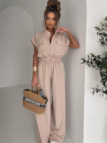 Béžový luxusní kalhotový komplet BILLOW