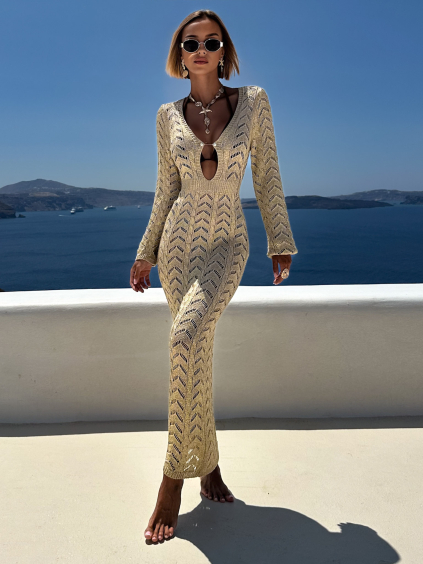 Zlaté letní dlouhé šaty MEGGIE s odhalenými zády