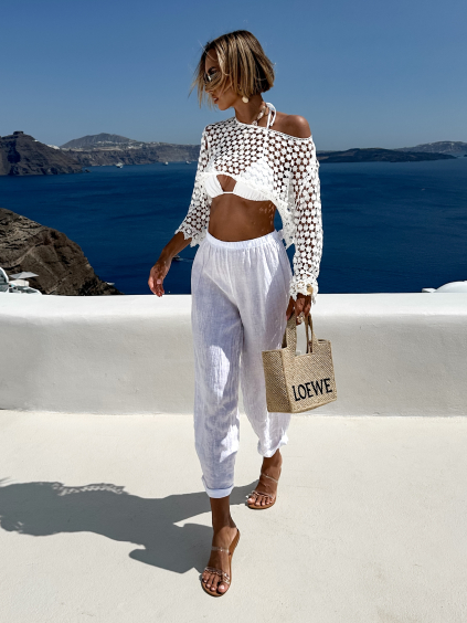 Bílé 100% len letní kalhoty LEWIOUS